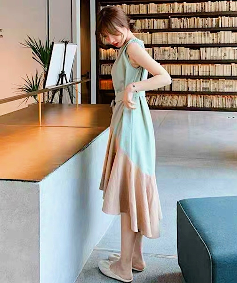 Đầm maxi đi biển mint đuôi cá phối kem