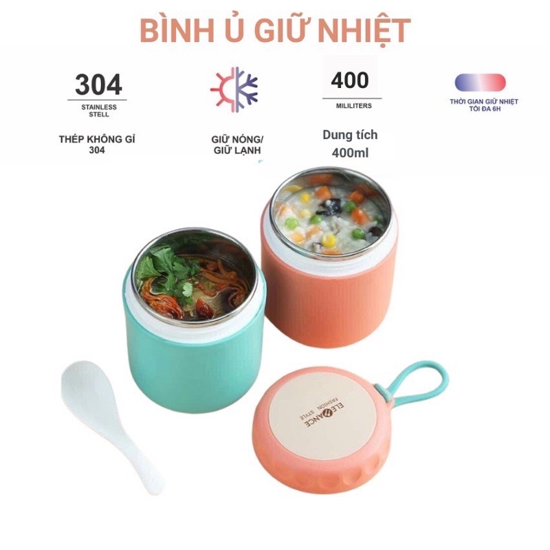 Bình ủ cháo ELEGENCY kèm thìa cute 400ml, Bình ủ cháo Inox 304 không rỉ, Ca ủ cháo inox, Ca giữ nhiệt ủ cháo inox cao cấp