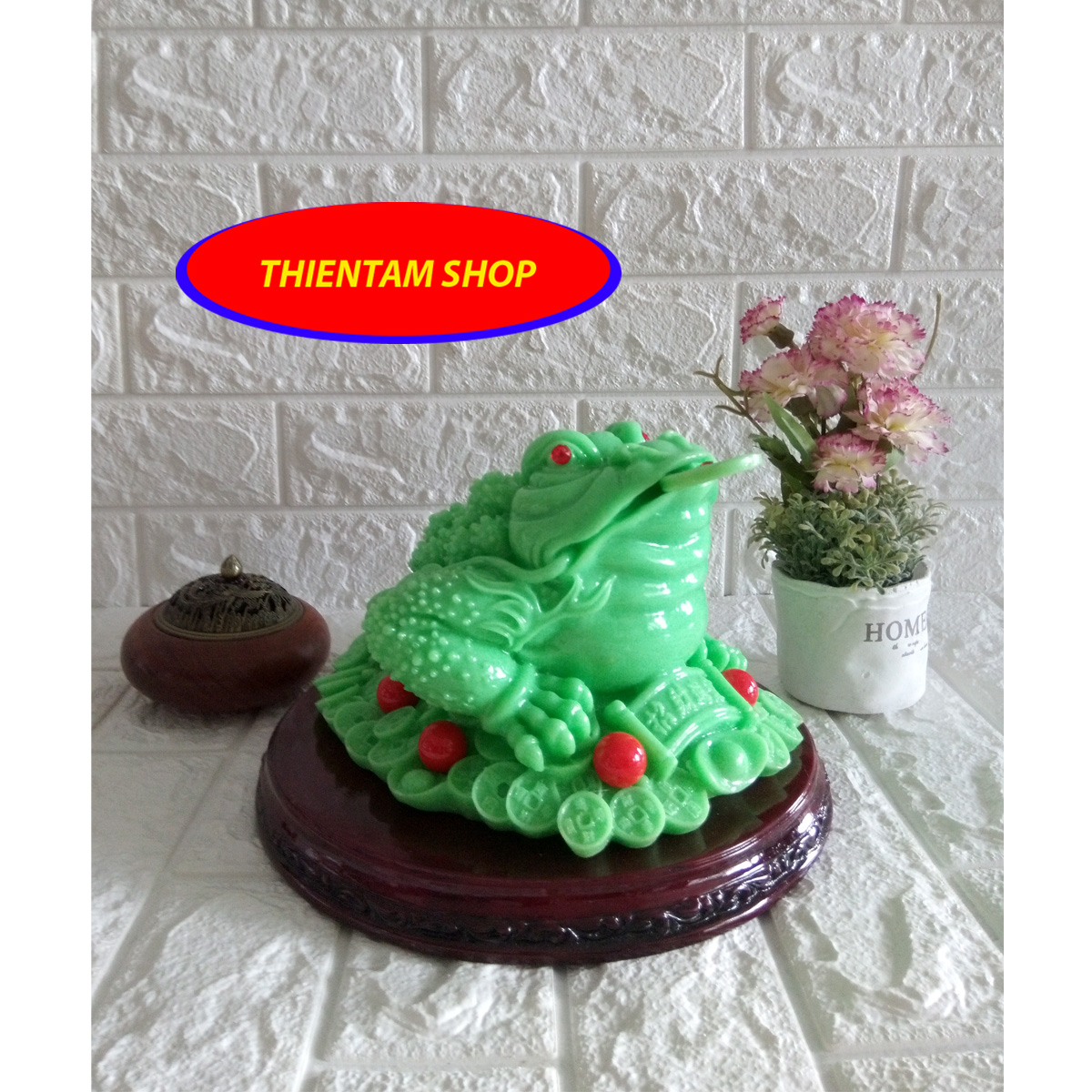 Cóc ba chân Thiềm thừ ngậm tiền chiêu giữ tài lộc đá poly xanh cỡ đại - DCX26