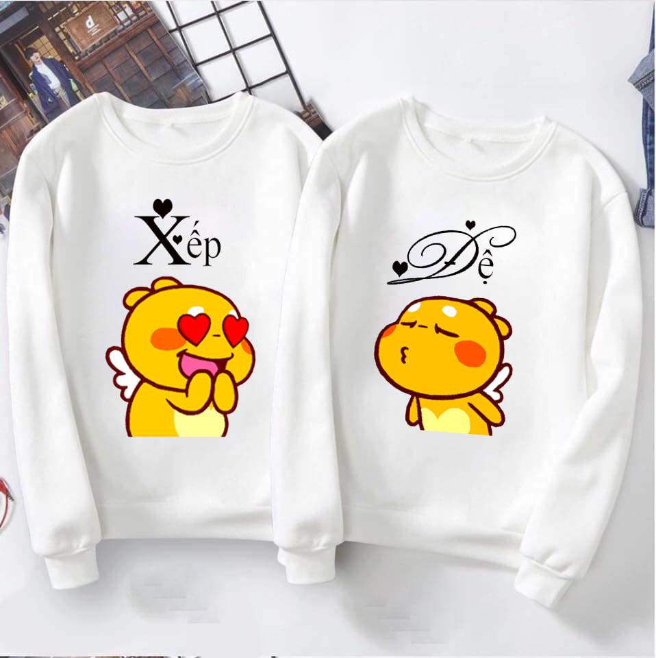 Hai áo mặc đôi - áo nỉ đôi in đệ xếp tay dài áo đôi nam nữ, áo cặp nam nữ