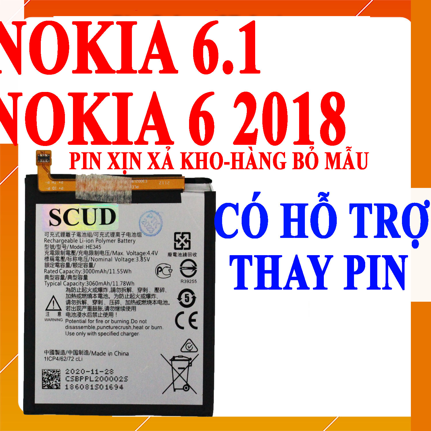 Pin Scud cho Nokia 6.1, Nokia 6 2018 HE345 dung lượng 3060mAh (Đen Trắng)