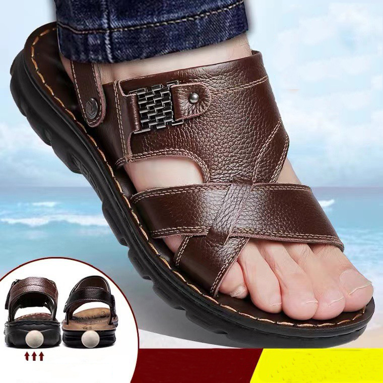 HOÀN TIỀN 15% - Sandal Quai Chéo Nam Da Bò Đế Khâu Dép Quai Hậu Phong Cách Lịch Lãm