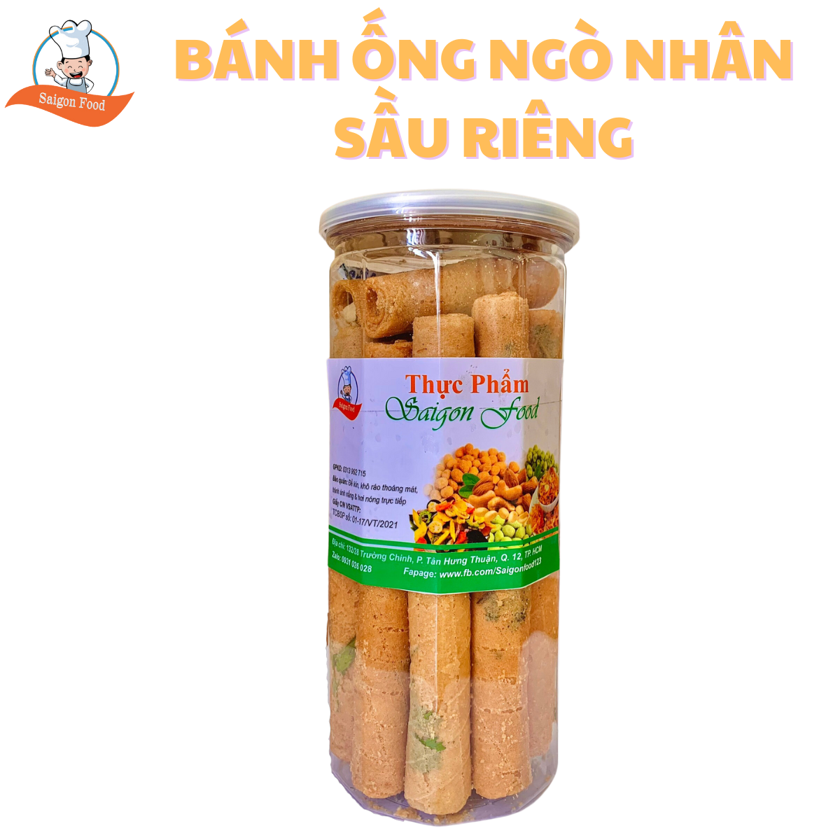 450GR [lon pet] BÁNH ỐNG NGÒ NHÂN KEM SẦU RIÊNG-SAIGONFOOD