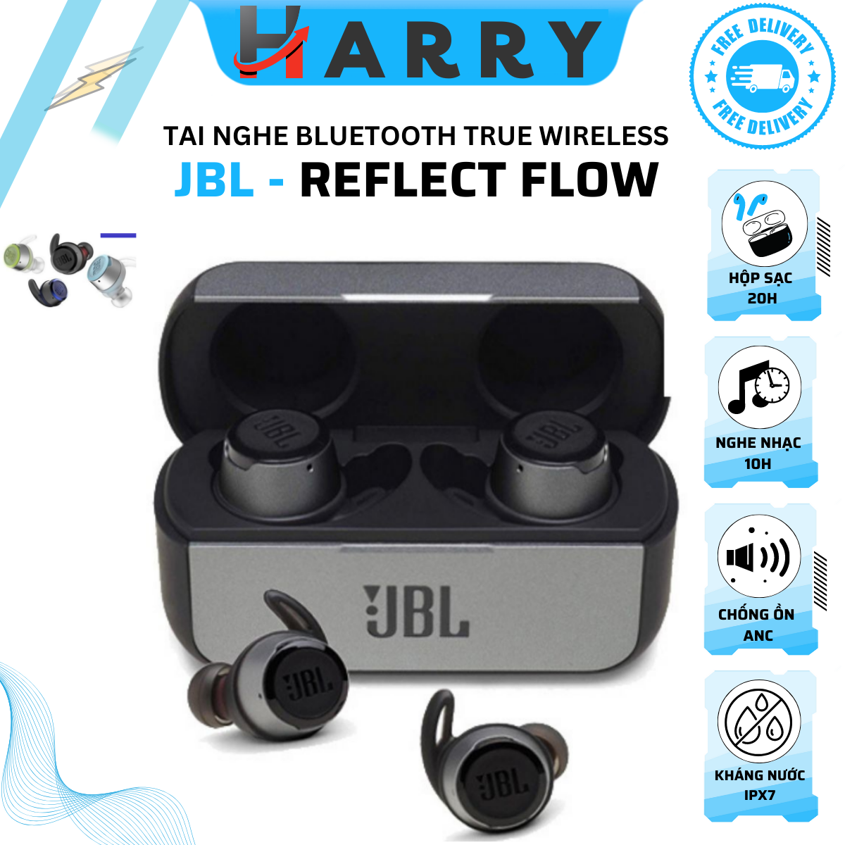 Tai Nghe Bluetooth True Wireless JBL Reflect Flow - Tai Nghe nhét tai JBL_Thiết kế sang trọng _ Nhiều kích cỡ đệm tai , Có chuẩn chống nước IPX7 , Kết nối Bluetooth 5.0...vv - HARRY MALL