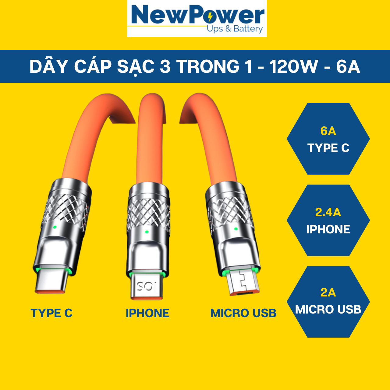 Dây cáp sạc iphone, type C, micro USB, cáp sạc 3 đầu 120W, 6A