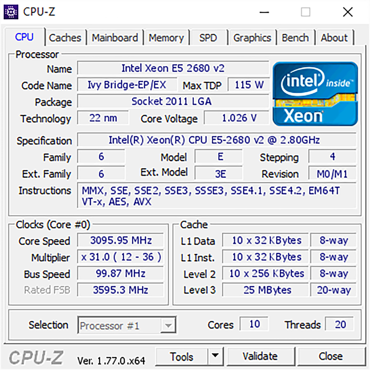 CPU INTEL XEON E5 2680V2 (10C/20T 25M CACHE 2.8GHZ TURBO 3.6GHZ) SOCKET 2011. Bảo hành 12T