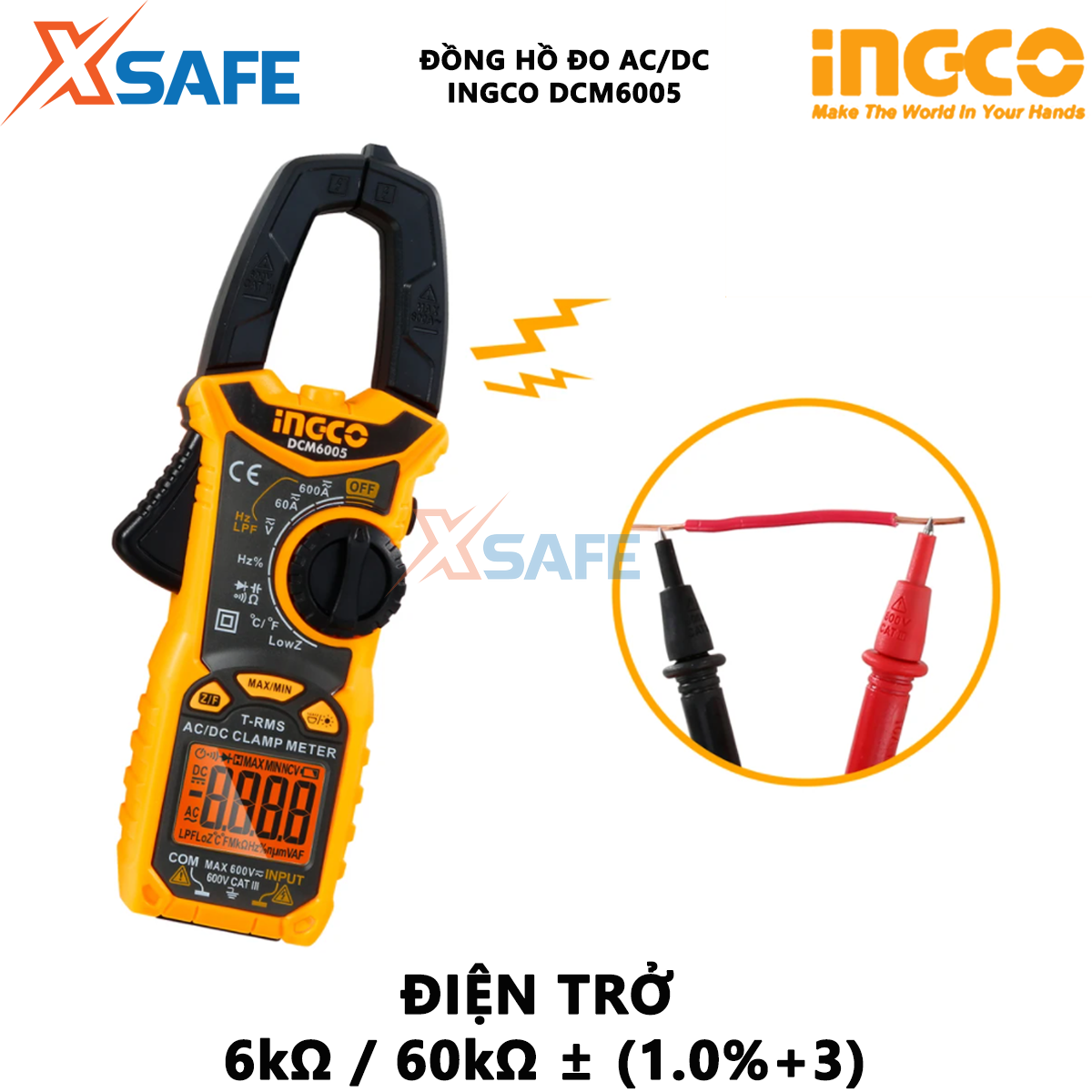 Đồng hồ kẹp AC/DC INGCO DCM6005 | Ampe kìm AC/DC 6000 số đếm / Giữ dữ liệu Dòng điện một chiều 60A / 600A ± (2,5% + 5) Hiệu suất 1% ~ 99% ± (1.0% + 2) sử dụng để đo dòng điện, điện áp hoặc điện trở