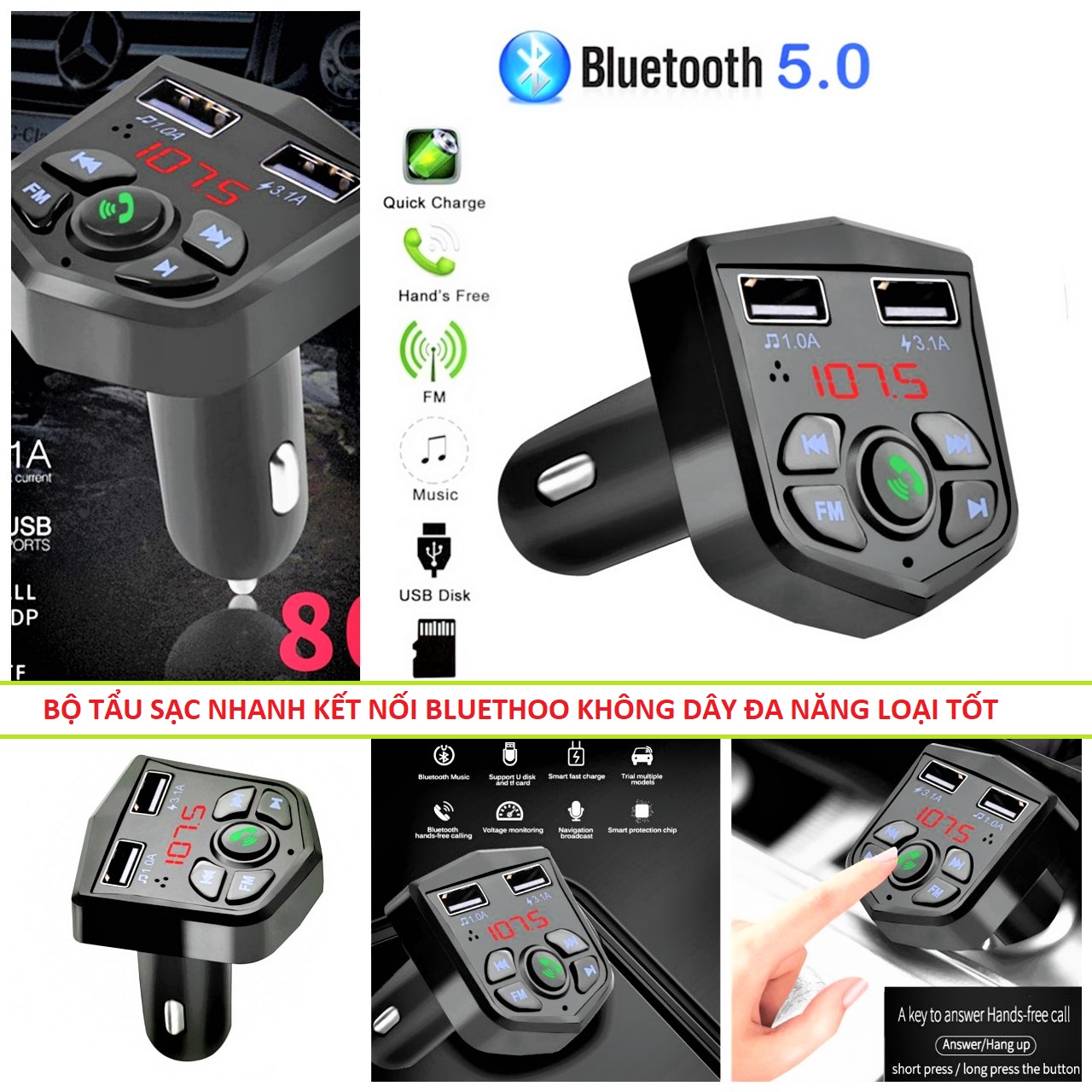 TẨU SẠC Ô TÔ KIÊM NGHE NHẠC MP3 BLUETHOO ĐA NĂNG THÔNG MINH