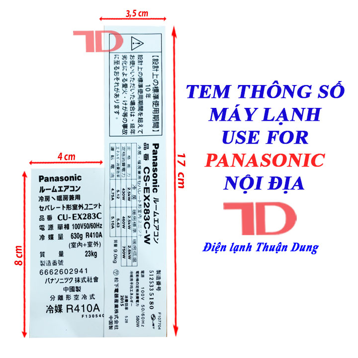 Tem thông số dành cho máy lạnh PANASONIC nội địa