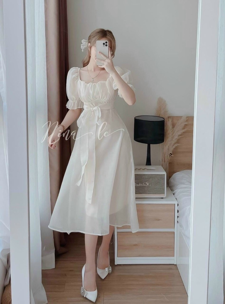 Váy đầm nữ tay phồng xếp ly ngực ( có mút , có nơ)
