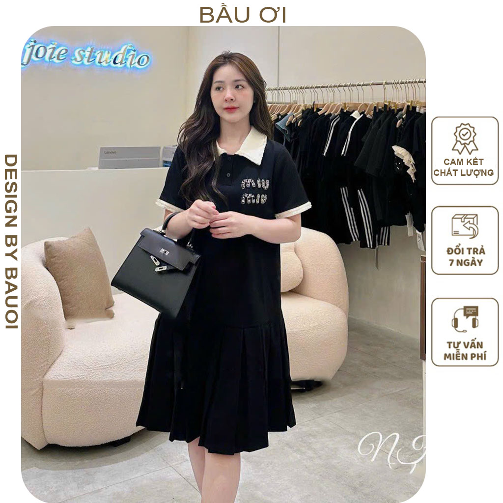 Đầm váy bầu polo bigsize dáng suông đuôi cá xếp ly - váy bầu công sở mùa hè cộc tay chất mềm mát