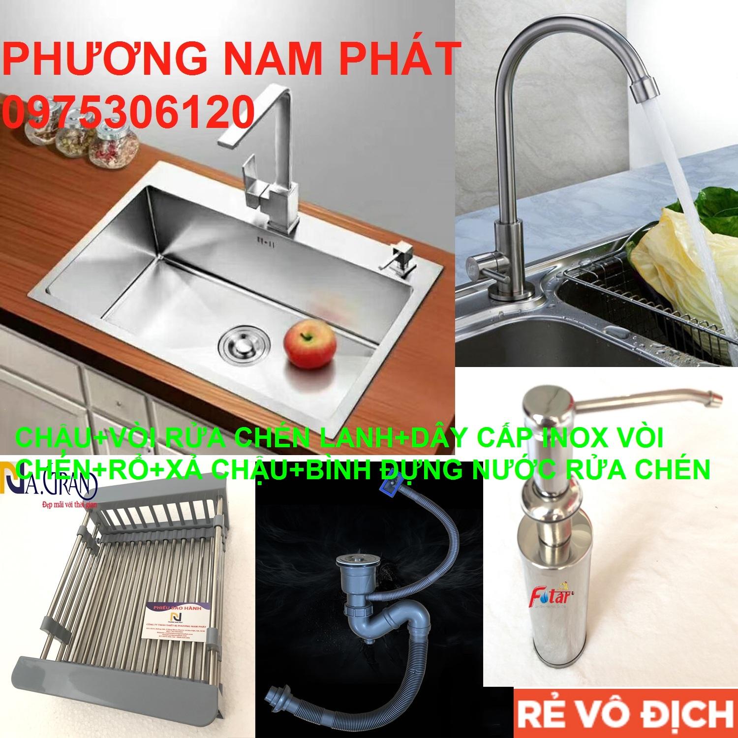 Combo Chậu Rửa Chén Bát INOX SUS 304 N17 6045 NA.GRAND và Bộ Xả Chậu thoát nước và Rổ đựng trái cây và Vòi Chén Lạnh và Bình Nước rửa chén