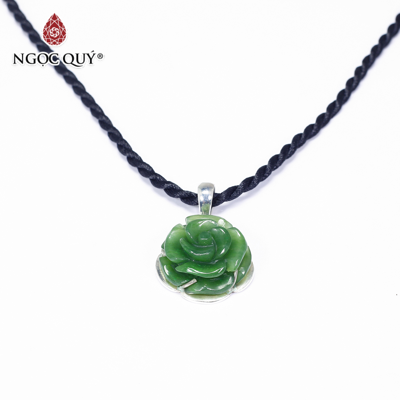 [HCM]Mặt dây chuyền hoa mẫu đơn ngọc bích bọc bạc mệnh hỏa mộc - Ngọc Quý Gemstones