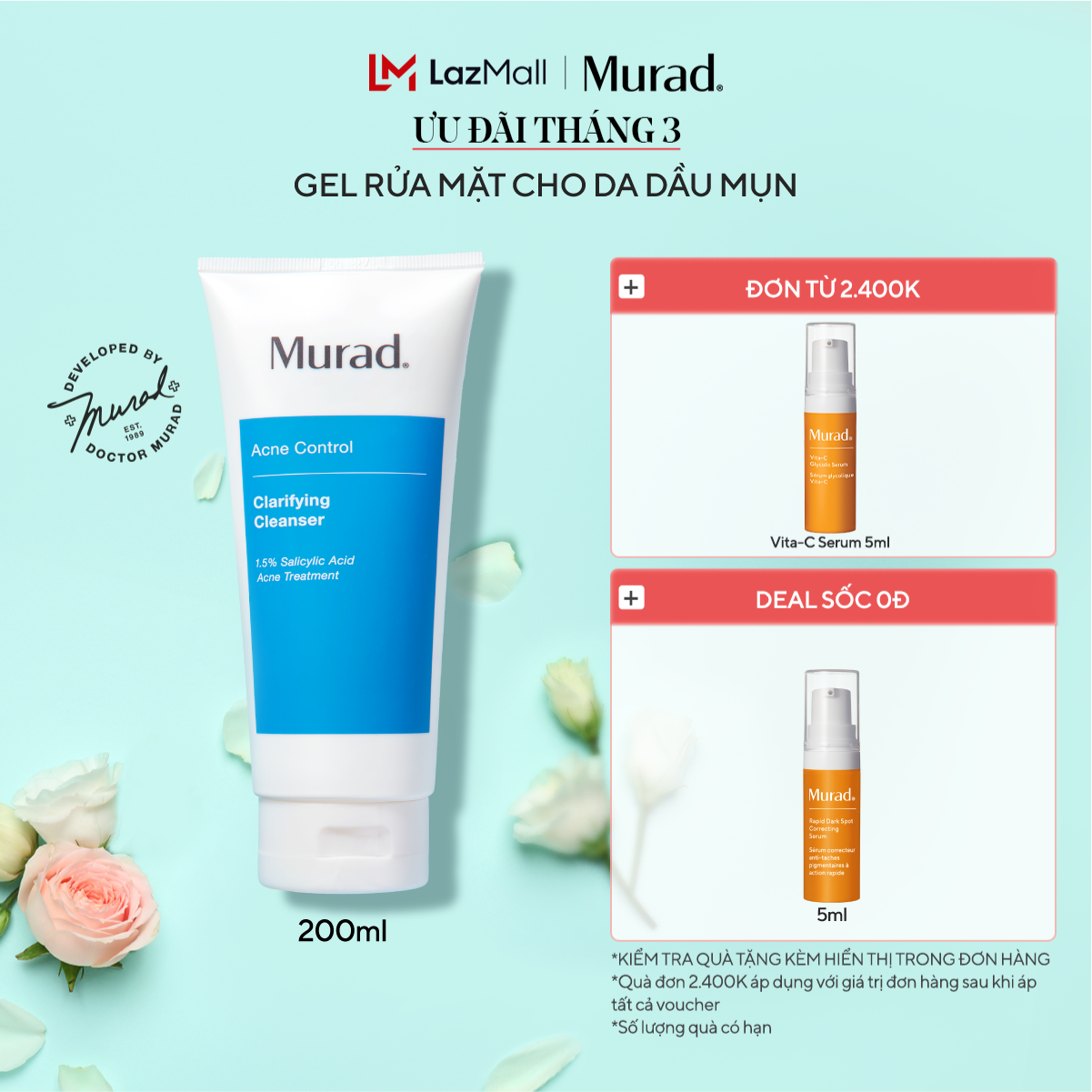 Gel rửa mặt cho da dầu mụn Murad Clarifying Cleanser 200ml