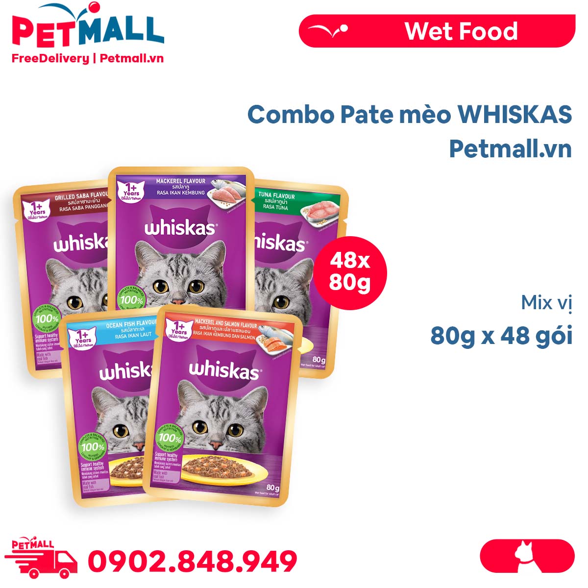 Combo Pate mèo WHISKAS 80g Mix vị - 48 gói Petmall