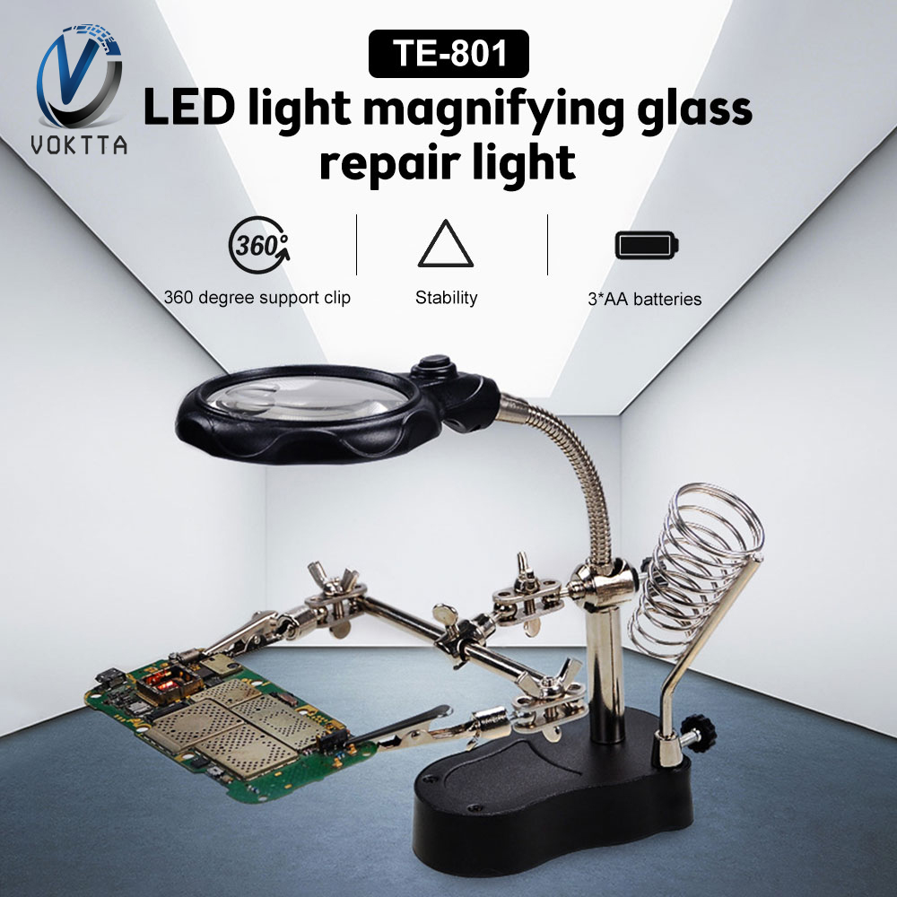 VOKTTA Repair Auxiliary Clamp Magnifying Glass with Light 2.5-5X Daylight LED Magnifying Lamp Clip On Illuminated Magnifier 360°Flexible Desktop Magnifier Lens for Reading Craft Soldering
