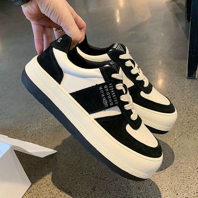 giày nữ sneaker da lộn đế độn phối da nỉ h30 2 màu