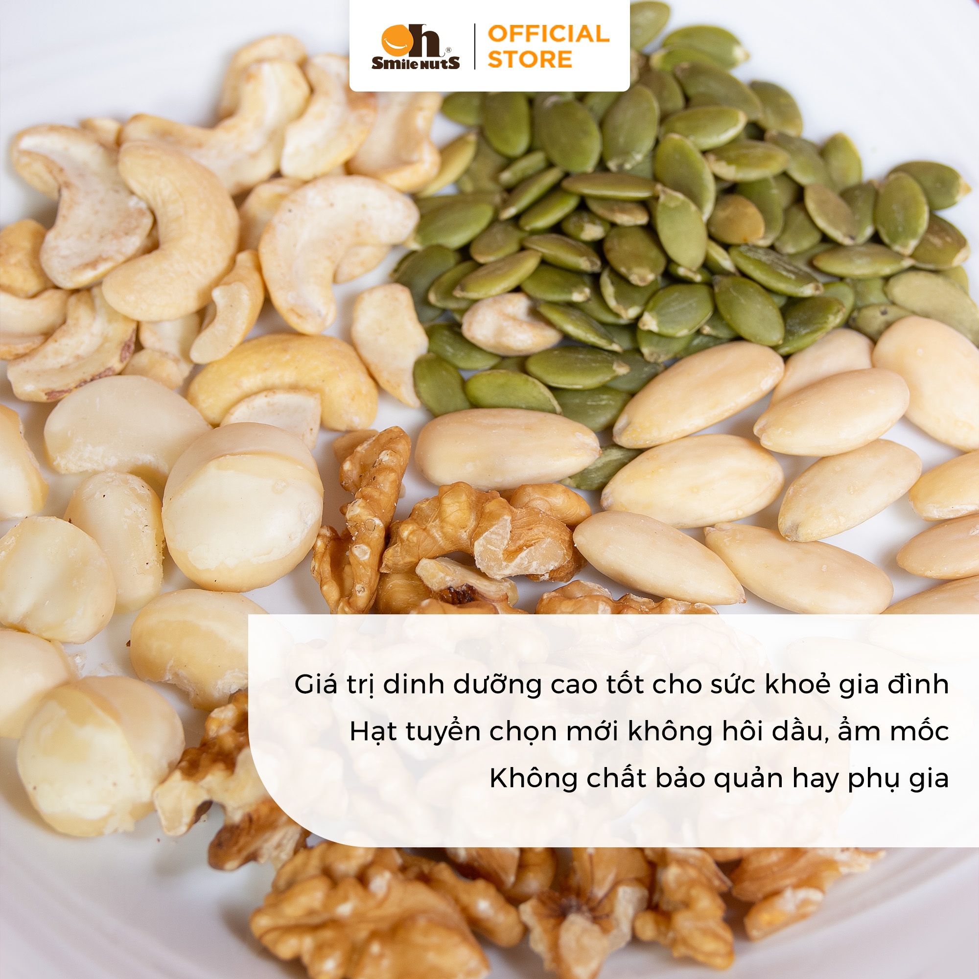 Mix Nhân Hạt Khô hộp 500g (Gồm Nhân Bí Xanh, Nhân Hạt Óc Chó, Hạnh Nhân tách vỏ nướng)