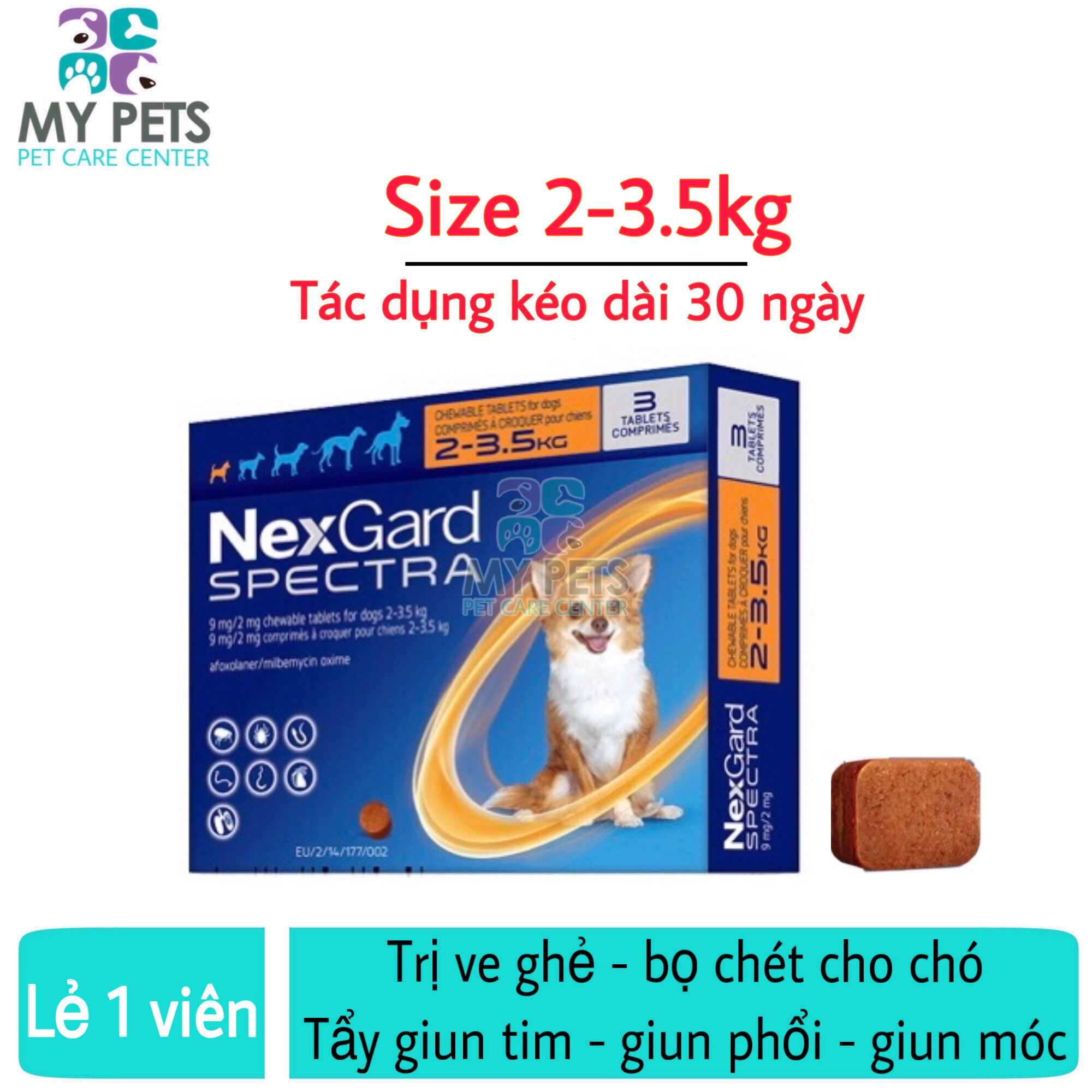 (Lẻ 1 viên - Không hộp) NEXGARD SPECTRA Thuốc trị ve ghẻ bọ chét demodex tẩy giun cho chó (1 tablet 2-3,5kg - No Box)