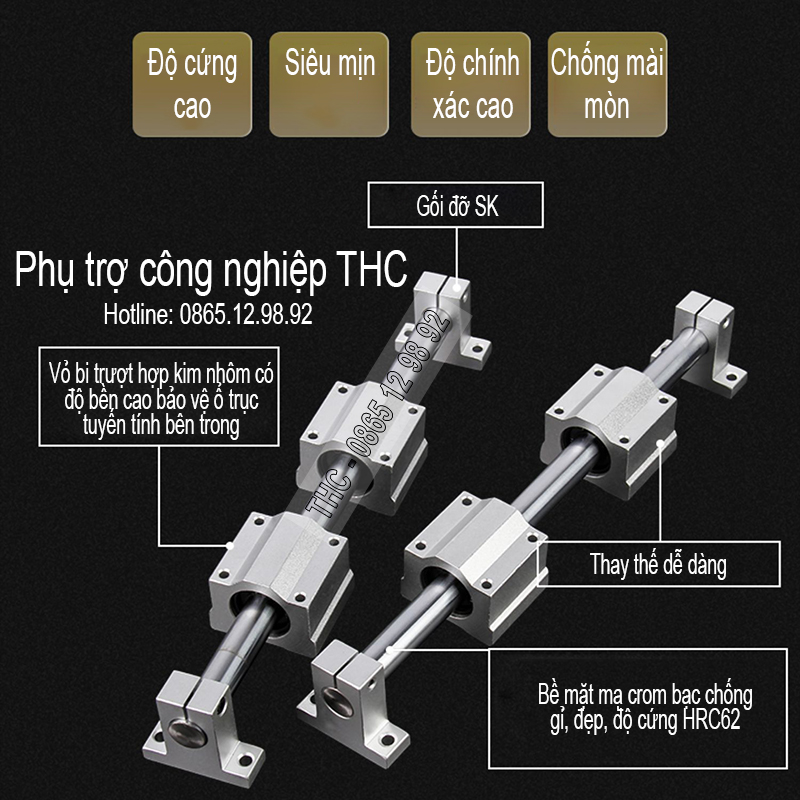 Bộ thanh ray trượt tròn phi 25mm (1 thanh SC25 dài 1,5 mét + 2 bi trượt SCS25UU + 2 gối đỡ SK25)