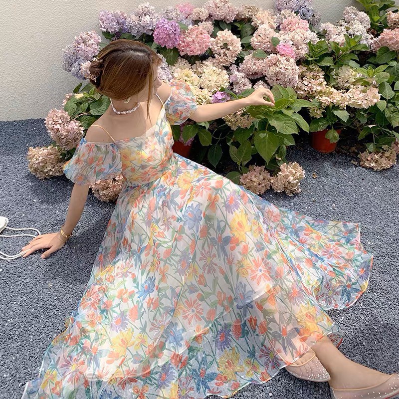 Đầm maxi hoa trễ vai đan dây lưng siêu sang chảnh