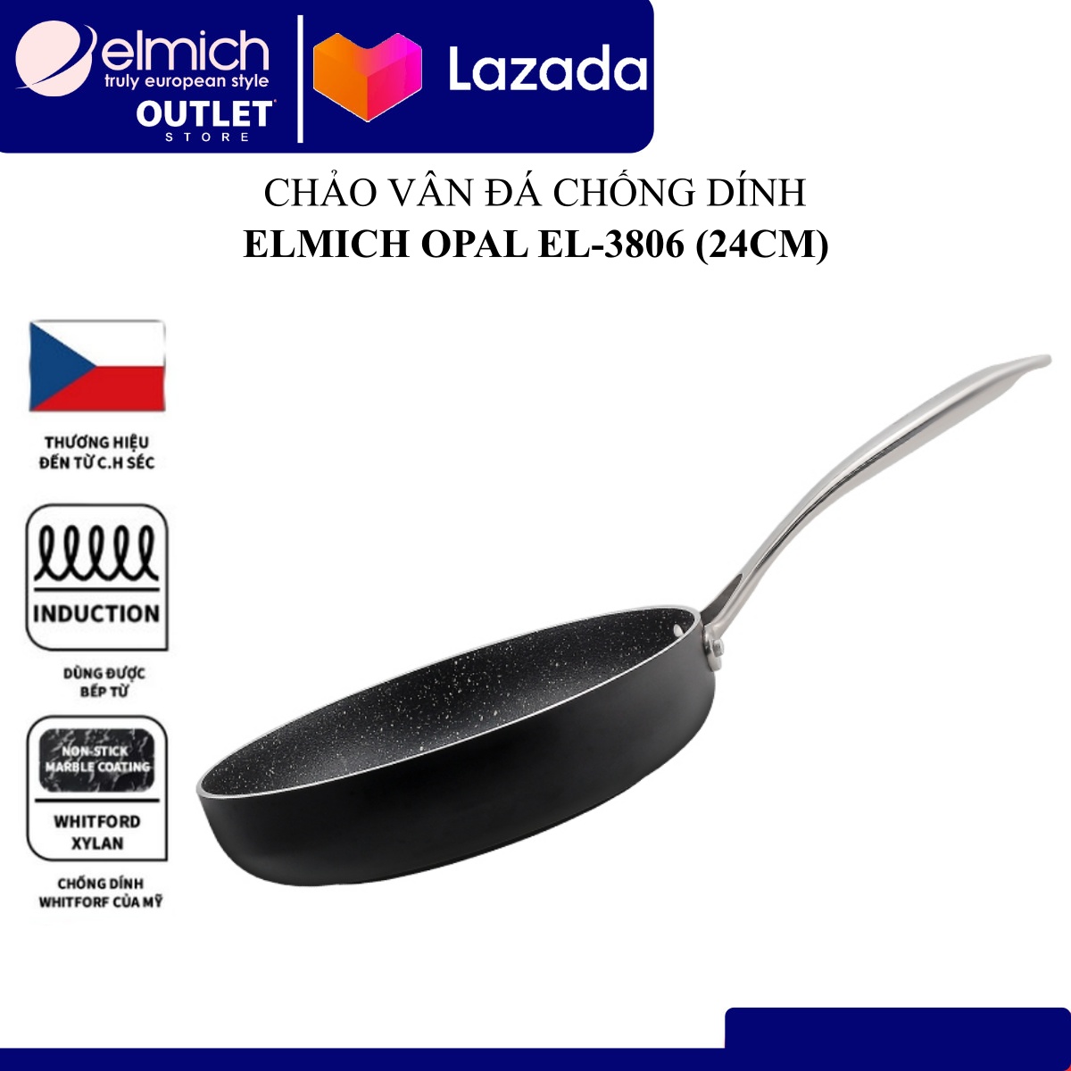 Chảo Chống Dính Vân Đá Đáy Từ Elmich Opal ( Size 20, 24, 26, 28cm)