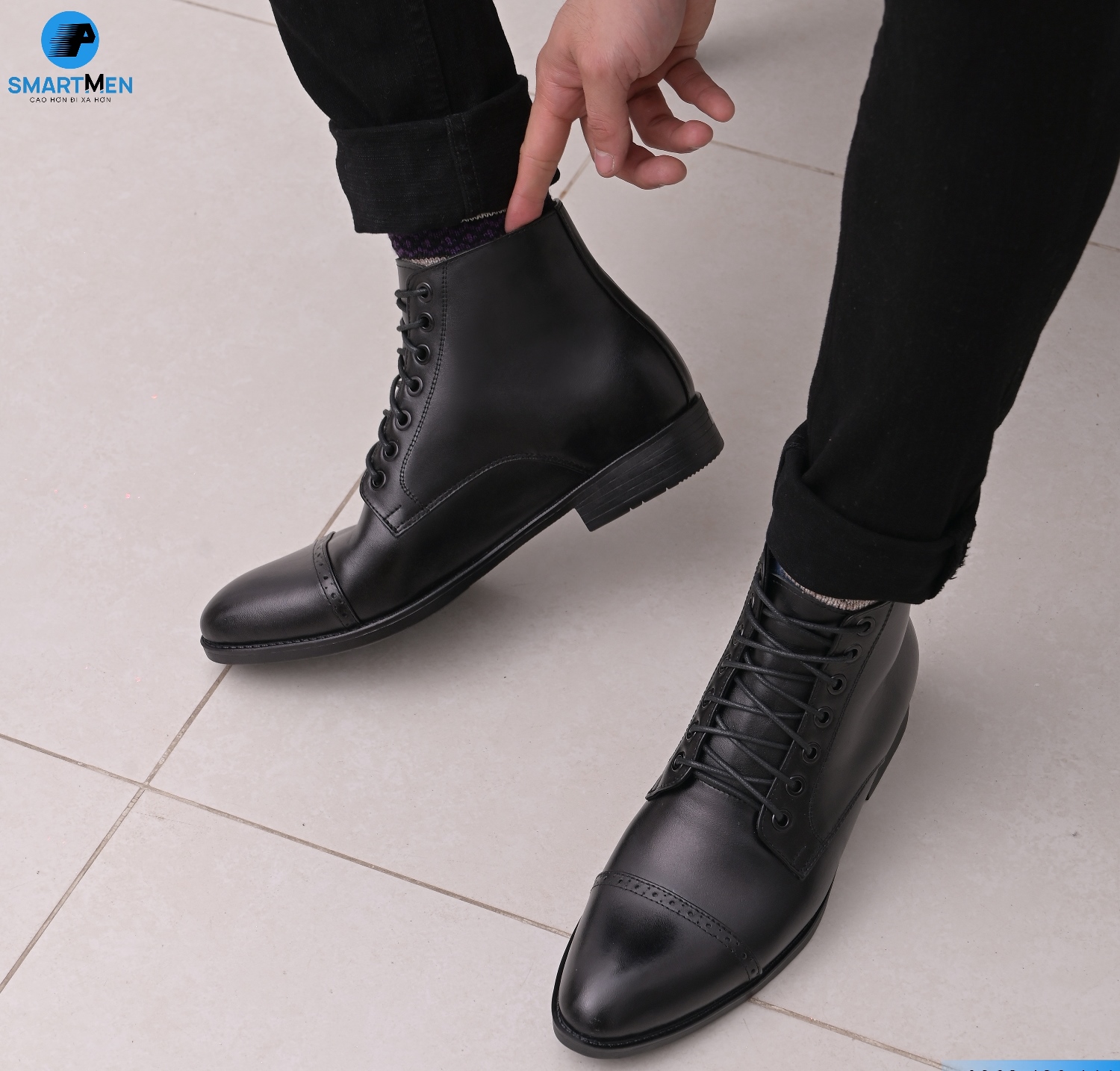 Giày Boot lửng cổ Tăng chiều cao Da bò SMARTMEN GD555 Đen