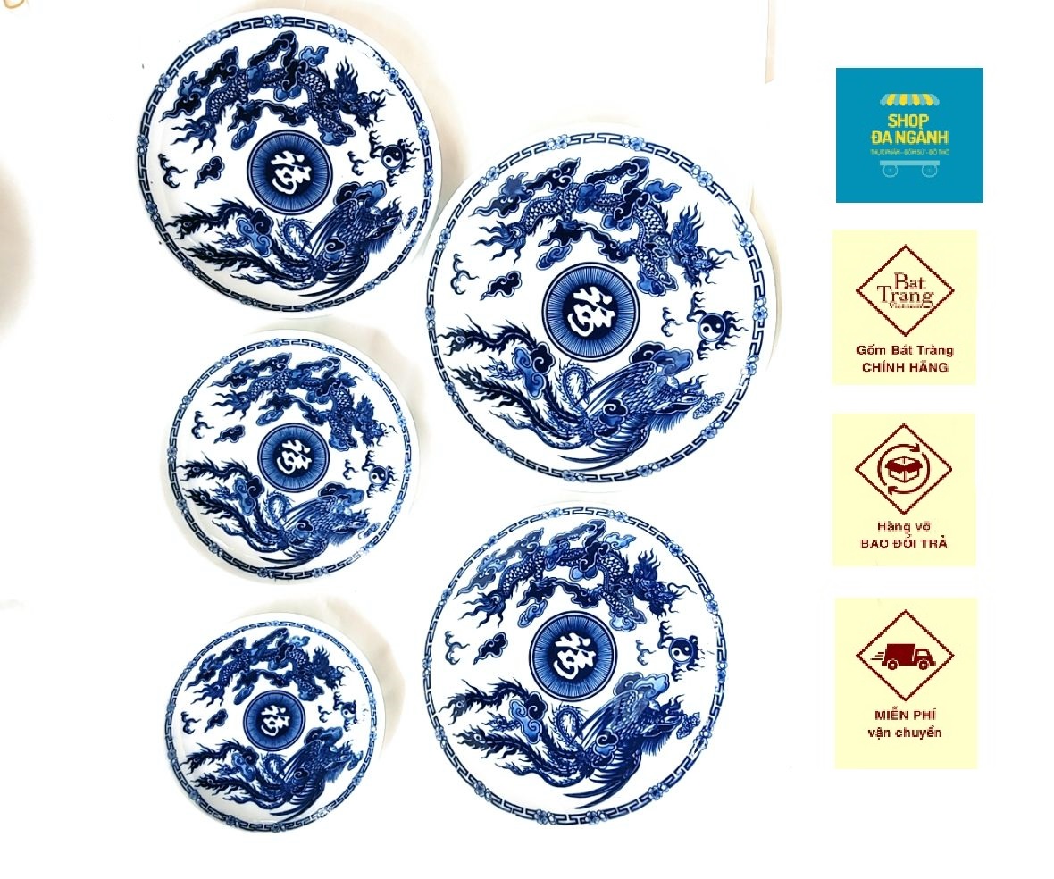 Gốm sứ Bát Tràng - Bộ 5 đĩa sứ tròn men lam vẽ Long Phụng