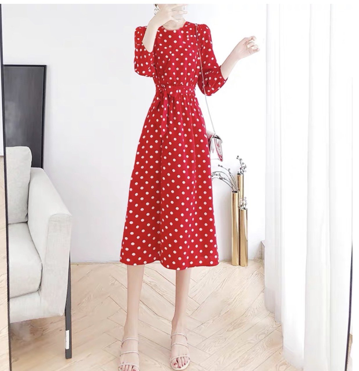 Đầm maxi chấm bi chun eo(A433)