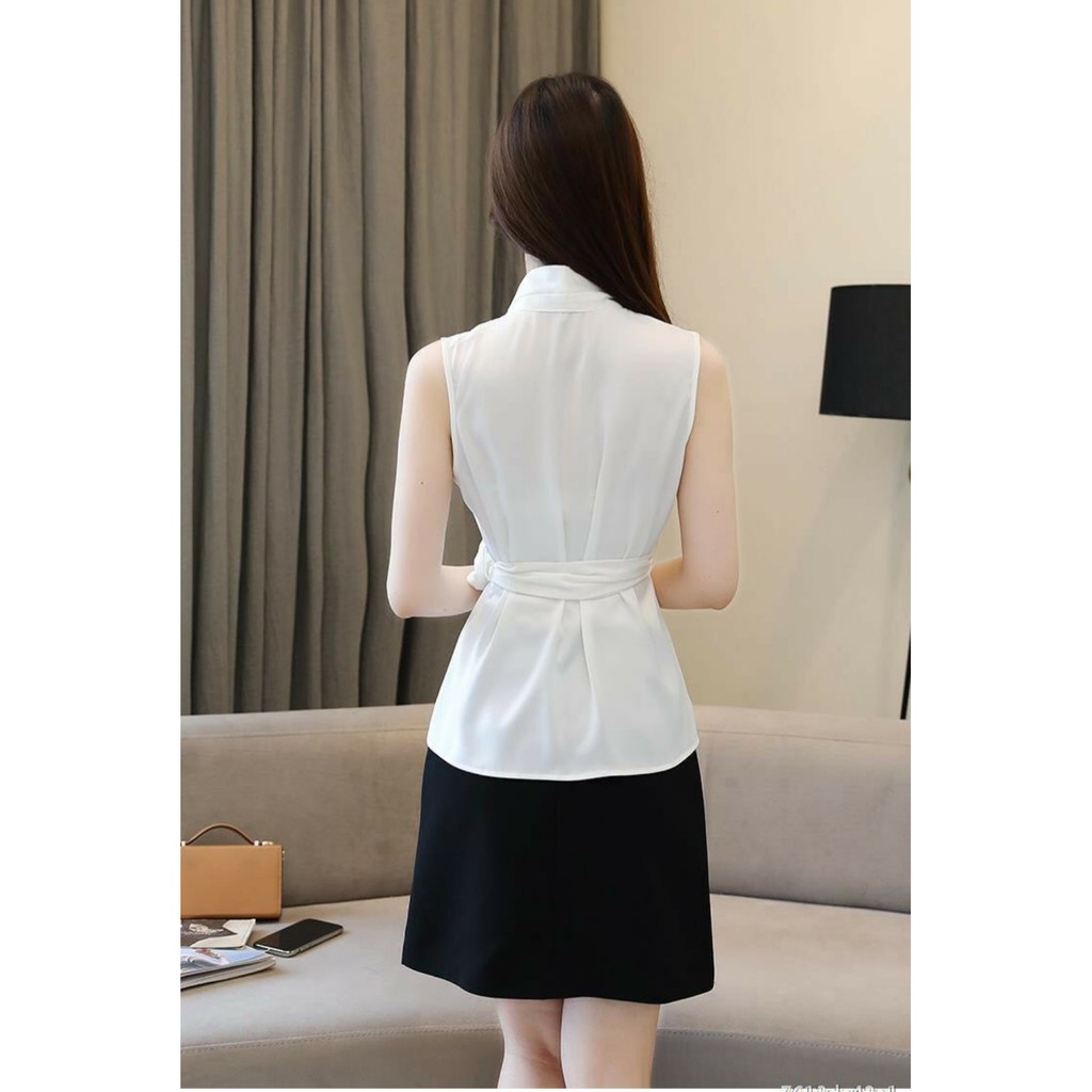 [HCM]Áo Kiểu Nữ Cổ Phom Dài Thắt Dây Eo