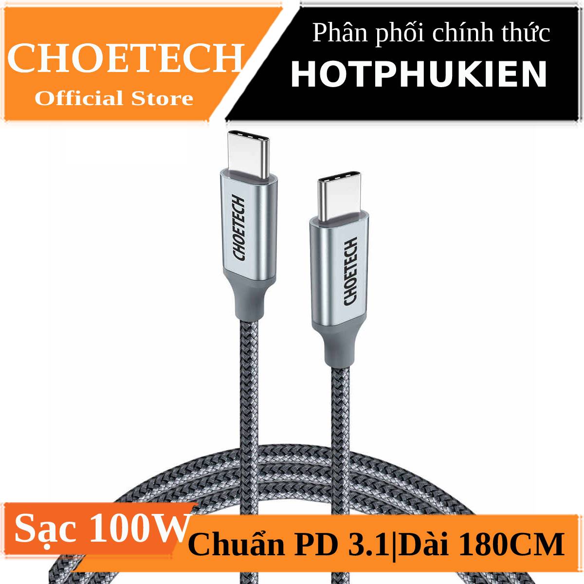 [HCM]Dây cáp sạc nhanh 100w Type-C to Type-C PD 3.1 hiệu CHOETECH XCC1002 dài 180cm truyền data tốc độ cao (5A QC 4.0 Quick Charge) (Bảo hành 03 tháng 1 đổi 1) - Phân phối bởi Hotphukien