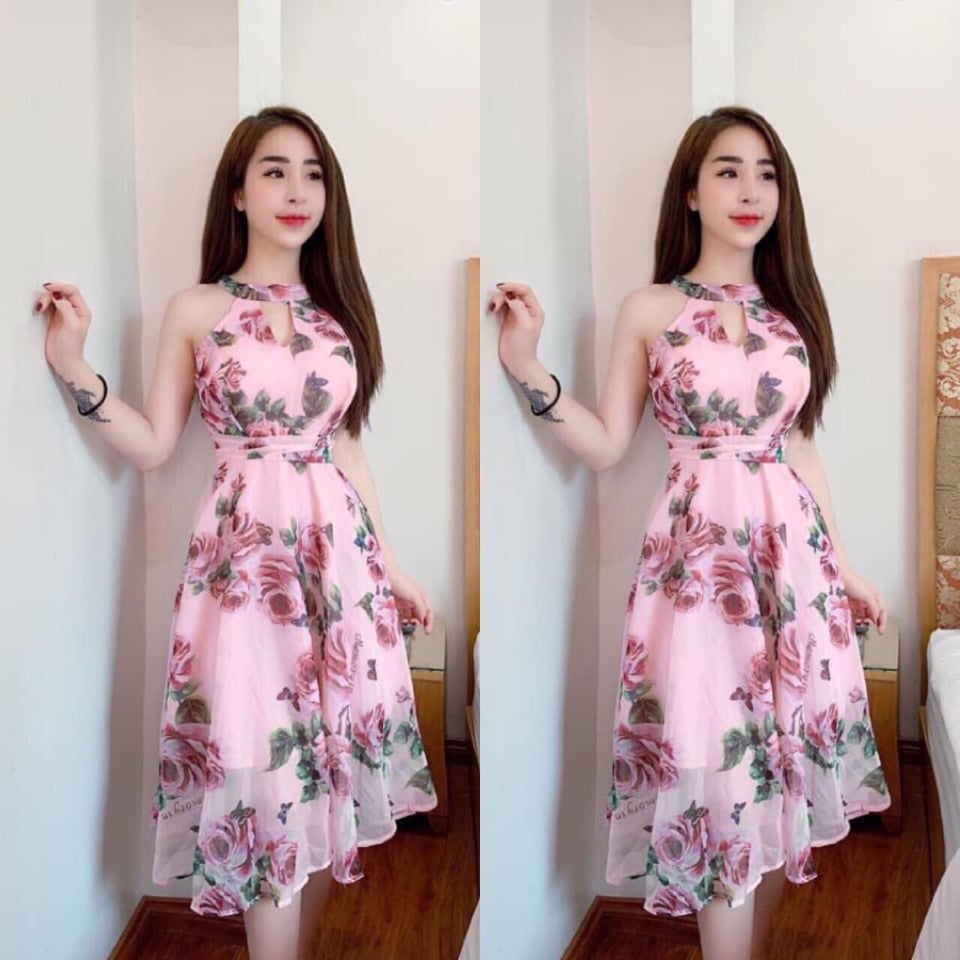 Đầm xòe cổ yếm voan hoa thời trang