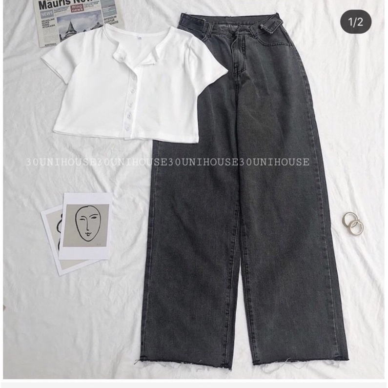 🍬SET QUẦN ĐAI NÚT + CROP THÊU CHỮ