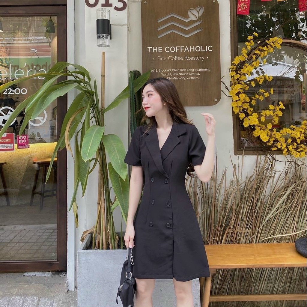 Đầm Xoè Cổ Vest Sơ Mi Đen Cổ V Chiết Eo - DX0079