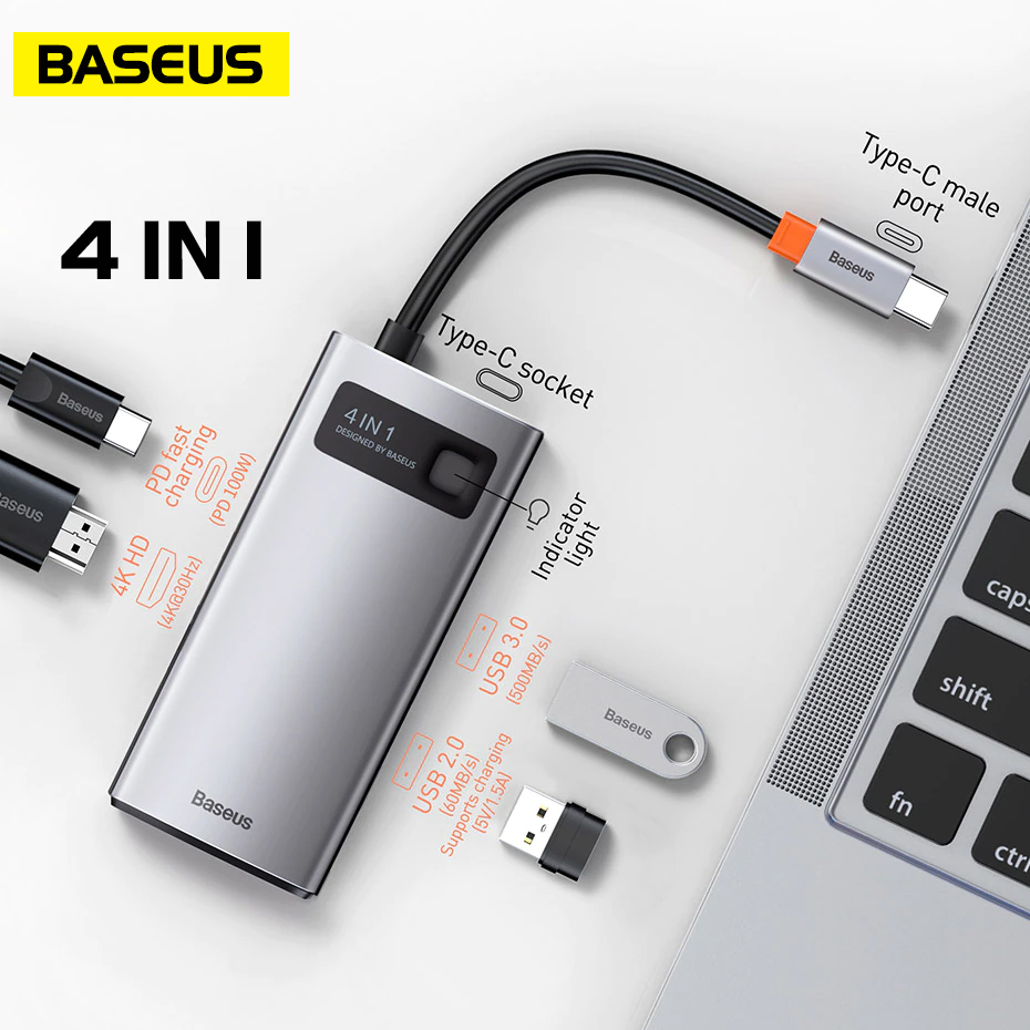 Cổng chuyển đổi Baseus Metal Gleam Hub Type C 4 in 1 HDMI 4K USB 3.0 USB