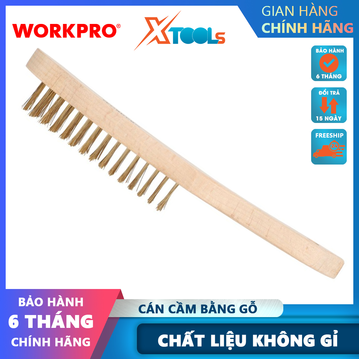 Bàn chải sắt bọc đồng tay cầm bằng gỗ, kích thước 4x15 workpro - wp253004
