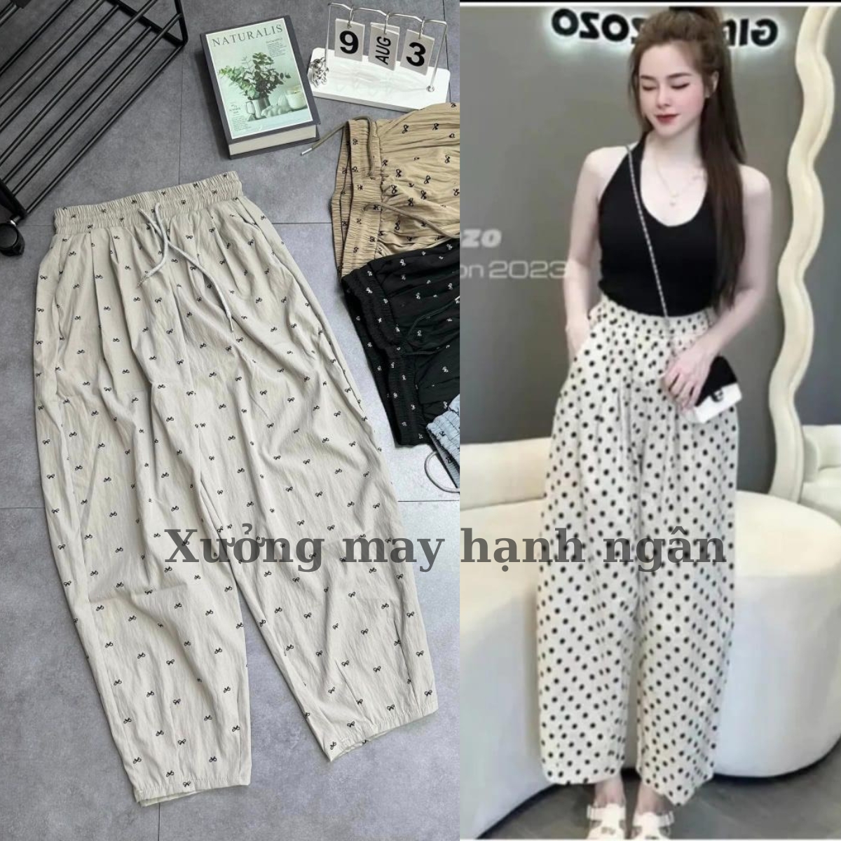 Quần ống rộng dáng bom form lỡ chấm bi hình nơ mềm mát