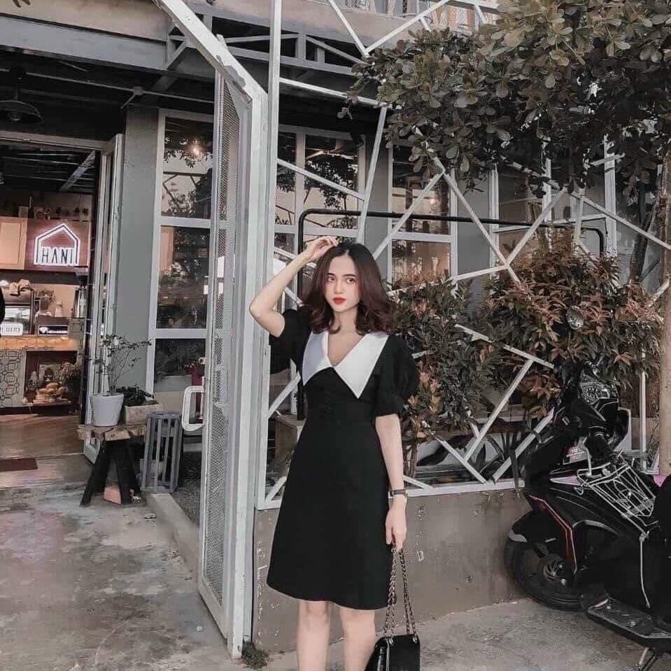 [HCM]Đầm xòe đen phối cổ sen xinh xắn