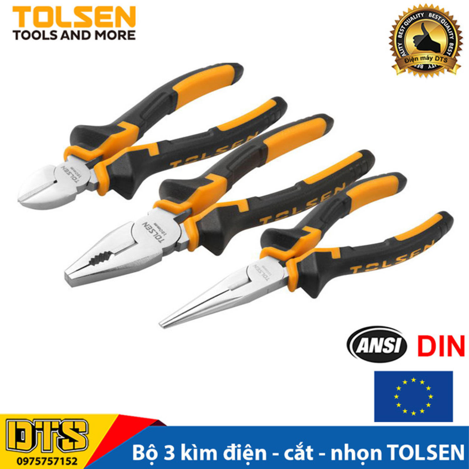 Bộ 3 kìm đa năng tiêu chuẩn Châu Âu chính hãng TOLSEN 10400, Kềm cắt kềm răng kềm mũi nhọn thép CR-V siêu cứng bền chống rỉ, cắt kẹp tuốt dây điện kim loại, tay cầm bọc cao su chống trượt, kìm cắt, kìm nhọn, kìm điện STOOLS