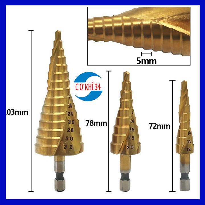 Bộ 3 mũi khoan tháp titanium xoắn 4-32mm khoan sắt,nhôm...trục 6.35mm