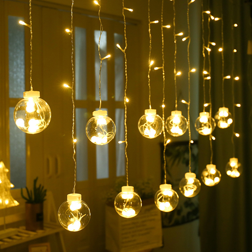 Rèm Thả Đèn LED Trang Trí Bóng Tròn Trong Suốt 12 Quả Cầu Pha Lê Chỉnh 8 Chế Độ Chớp Nháy Đứng Yên Cắm Điện, Đèn Trang Trí Trong Nhà Ngoài Trời, Đèn Decor Nhà Cửa Lễ Tết