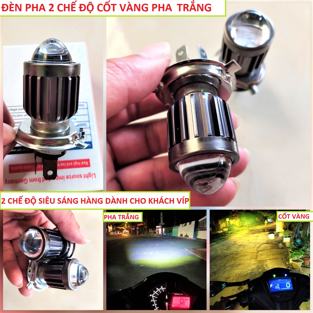 Đèn pha led xe máy bi cầu cốt vàng pha trắng xài điện máy lắp như zin cho các loại xe hàng cao cấp, đồ chơi xe máy