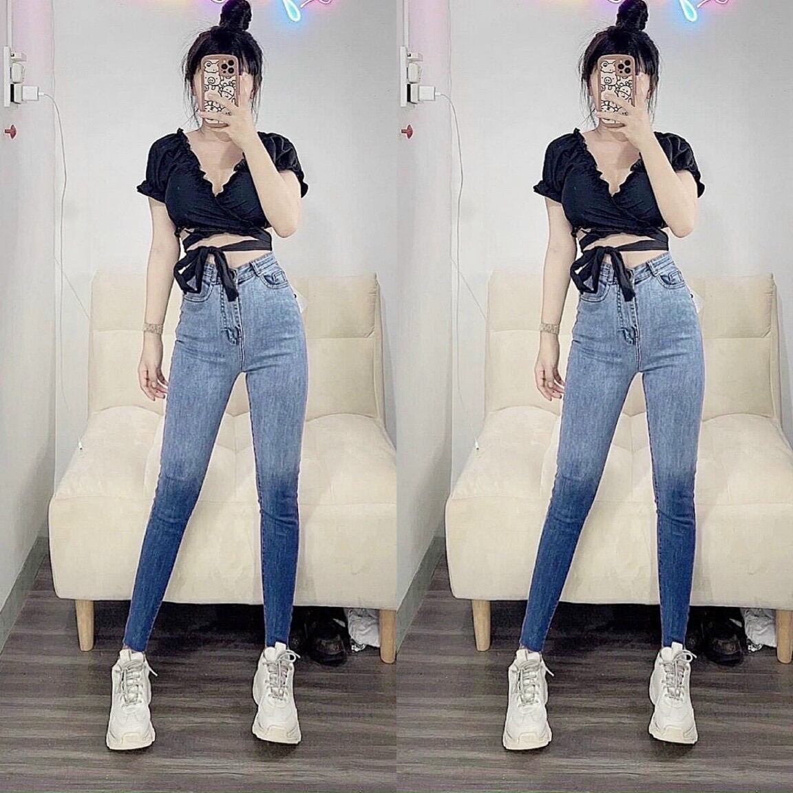 Set Jeans dài co giãn loan xanh TL + Áo kiểu đắp chéo thắt eo