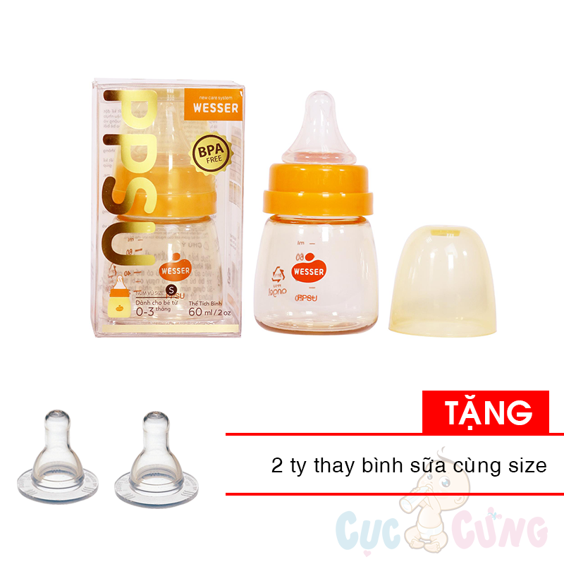 Bình sữa Wesser cổ nhỏ nhựa PPSU 60ml (phiên bản mới) Tặng 2 ty binh sua cùng size