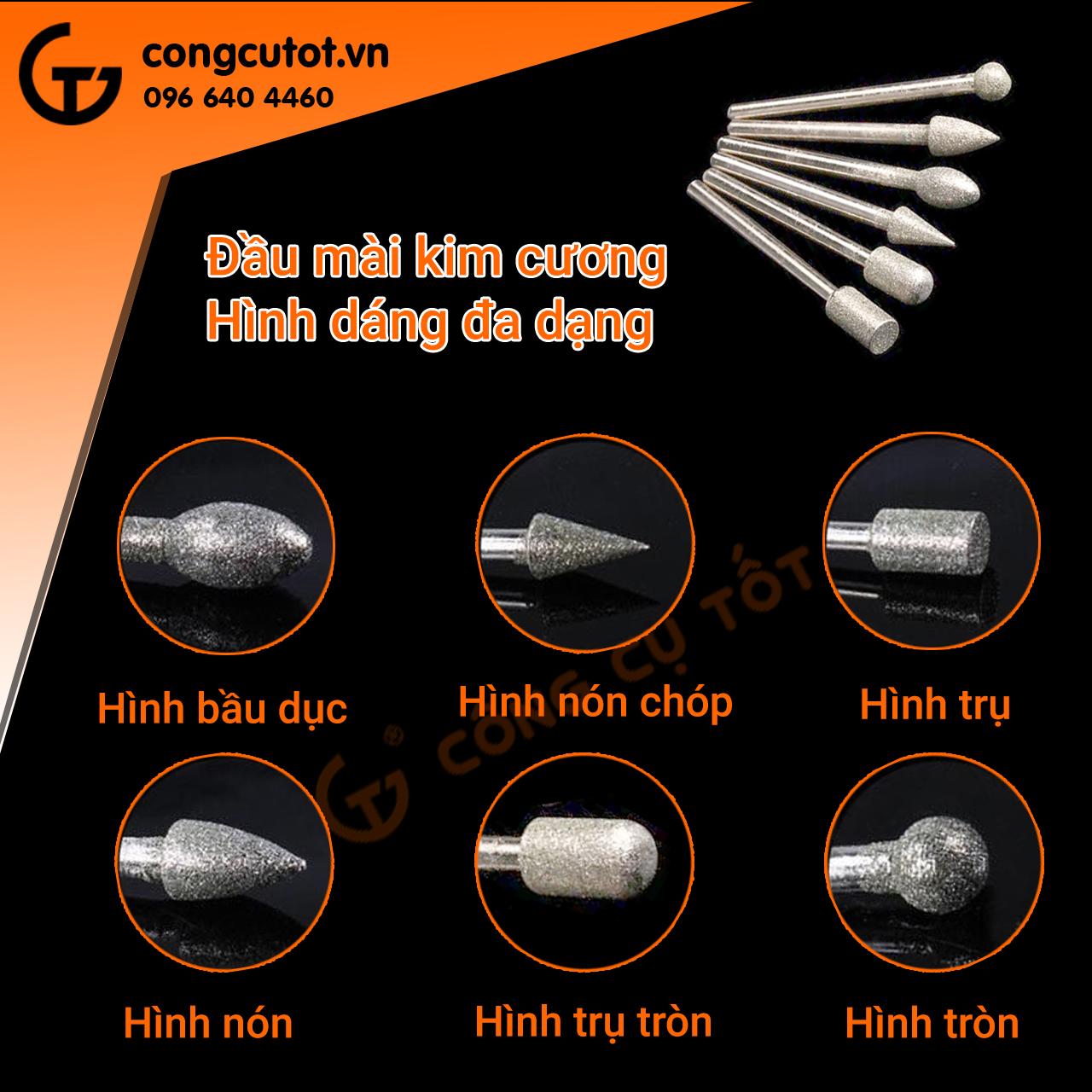 Bộ 20 đầu mài kim cương cốt 3mm phi 6mm