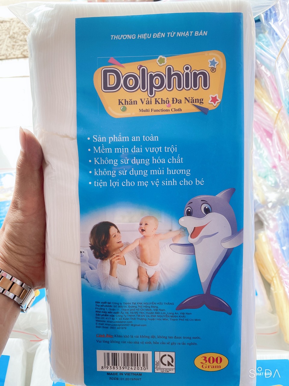 Khăn vải khô đa năng Dolphin cho bé 300g, đóng gói dạng túi zipper, không chất tẩy trắng