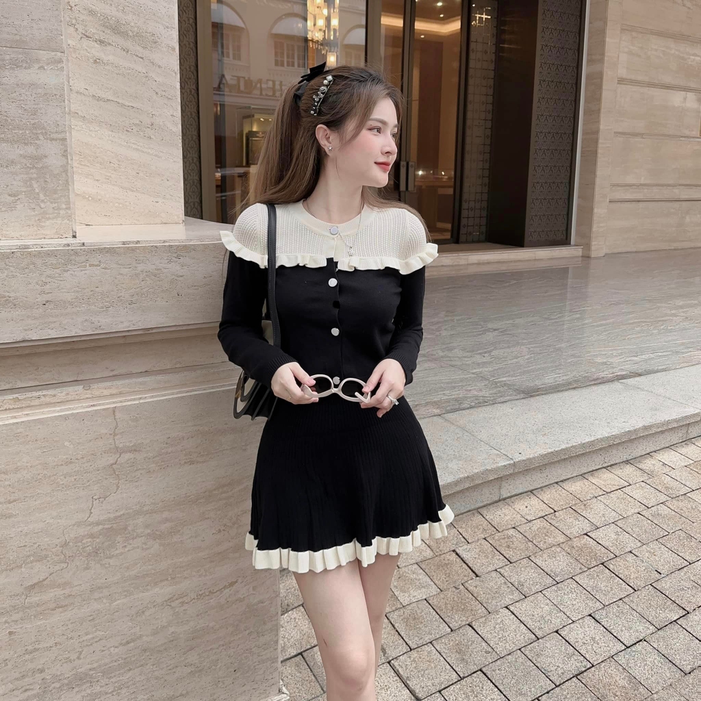 Set bộ len tăm cúc bọc cổ bèo xiêu xinh