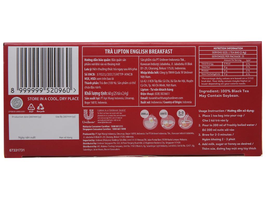 Combo 2 Trà đen Lipton English Breakfast hộp 60g (2.4g x 25 túi)
