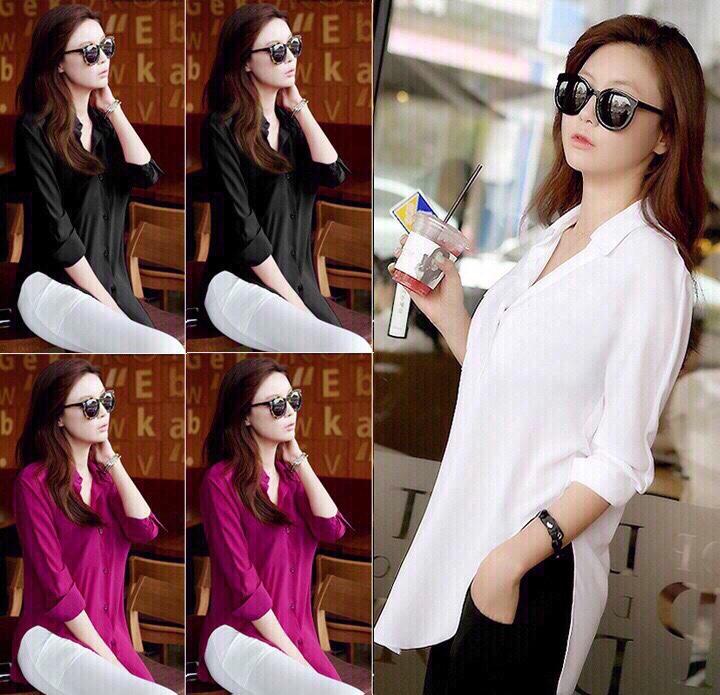 Áo sơ mi form dài xẻ eo dv2036
