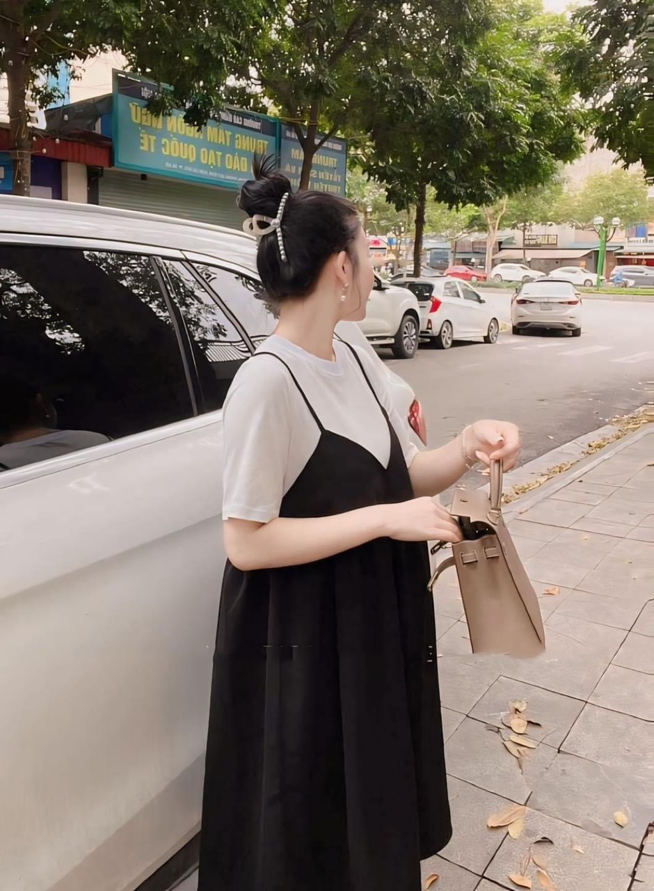 Váy bầu bigsize giả yếm dáng xoè chất lụa hàn